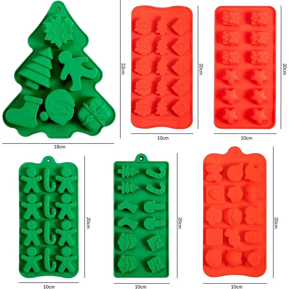 Christmas Silicone Molds Xmas Red Green Candy cake Mold Santa Xmas tree 6 pack